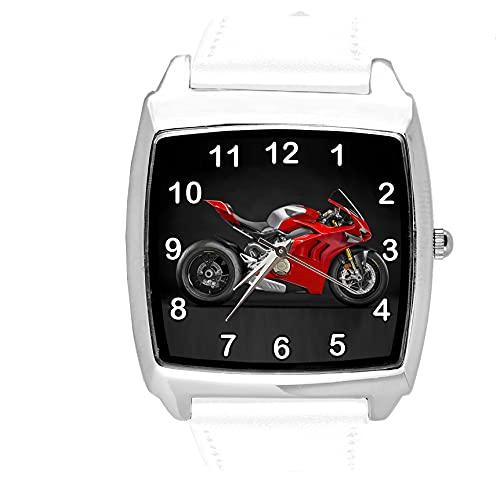 White Leather Quartz Square Watch for Motorbike Fans