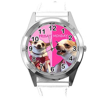 White Leather Quartz Round Watch Monday Friday Fun Chihuahua