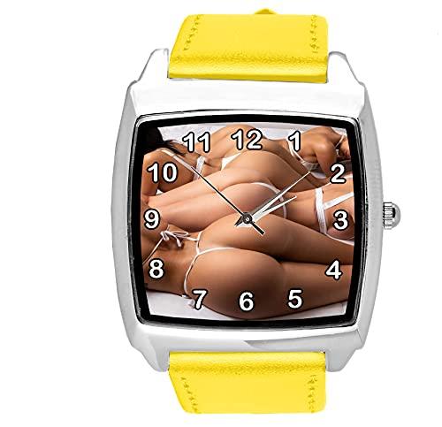TAPORT Yellow Leather Quartz Square Watch for HOT Ass Fans E2