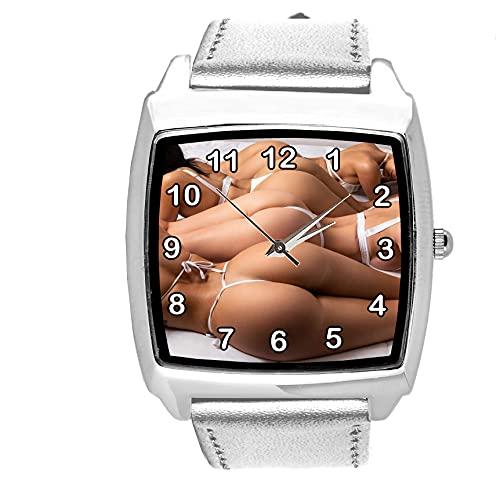 TAPORT Silver Leather Quartz Square Watch for HOT Ass Fans E2