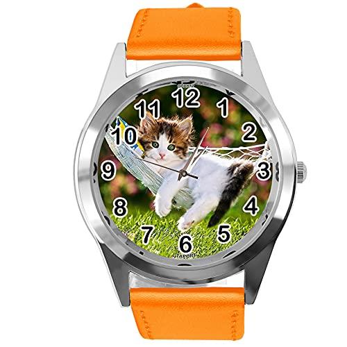 TAPORT Orange Leather Quartz Watch for Kittens Fans E2