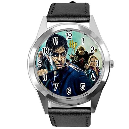Black Leather Round Quartz Watch for Wizards Fans E3