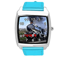 Blue Leather Quartz Square Watch for Train Fans