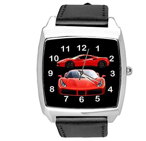 Black Leather Quartz Square Watch for Sport Cars Fans E2