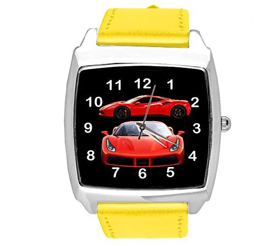 Yellow Leather Quartz Square Watch for Sport Cars Fans E2