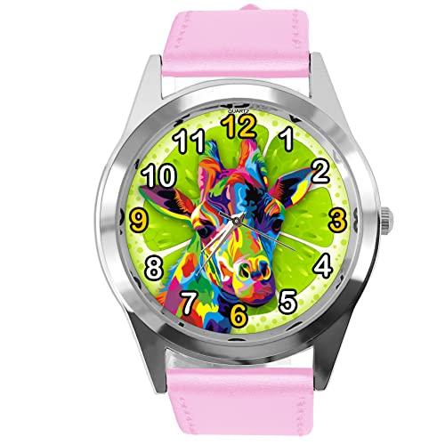 Baby Pink Leather Quartz Round Watch for Giraffe Fans