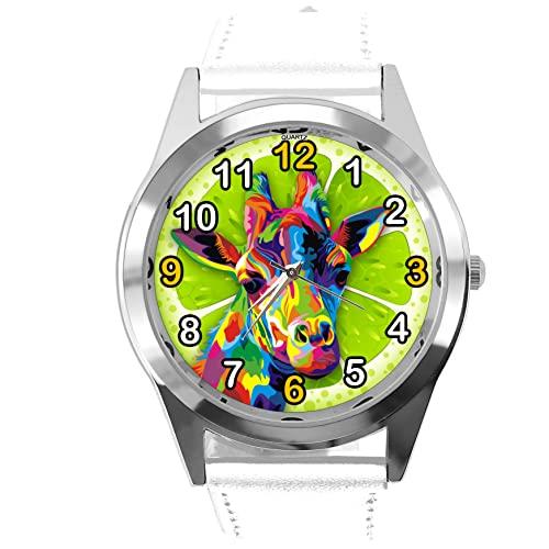 White Leather Quartz Round Watch for Giraffe Fans