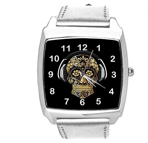 TAPORT Silver Leather Quartz Square Watch for Skulls Fans