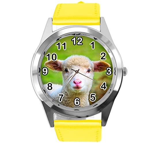 Yellow Leather Quartz Round Watch for Sheep Fans