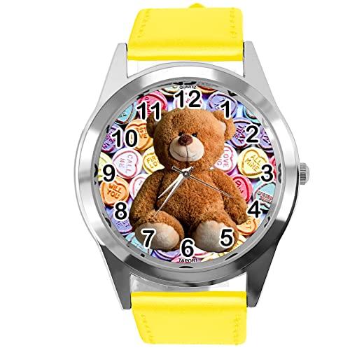 Yellow Leather Quartz Round Watch for Teddy Bear Fans e2