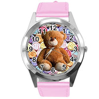 Baby Pink Leather Quartz Round Watch for Teddy Bear Fans e2