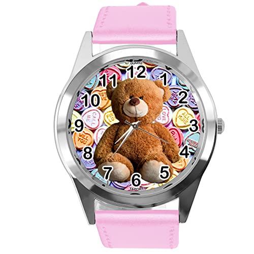 Baby Pink Leather Quartz Round Watch for Teddy Bear Fans e2