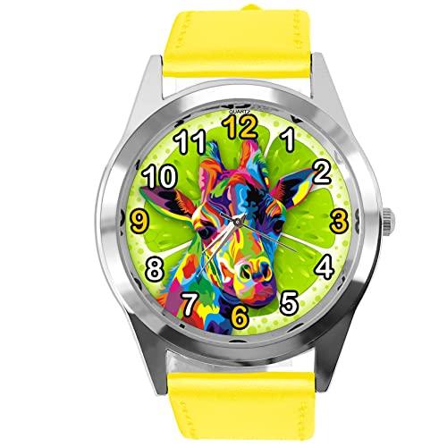Yellow Leather Quartz Round Watch for Giraffe Fans