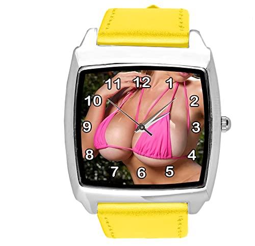 TAPORT Yellow Leather Quartz Square Watch for Boobs Fans