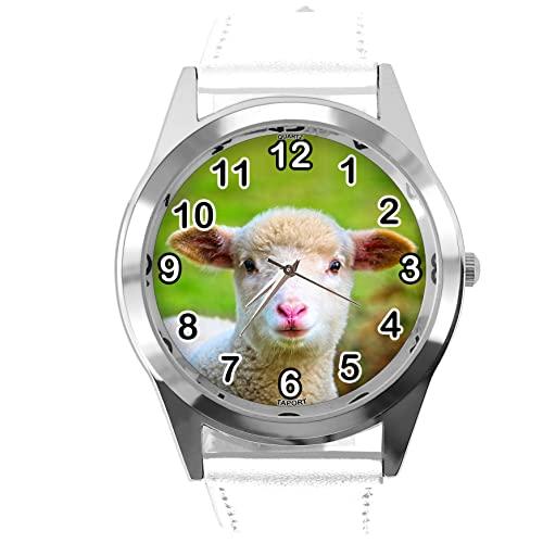 TAPORT White Leather Quartz Round Watch for Sheep Fans