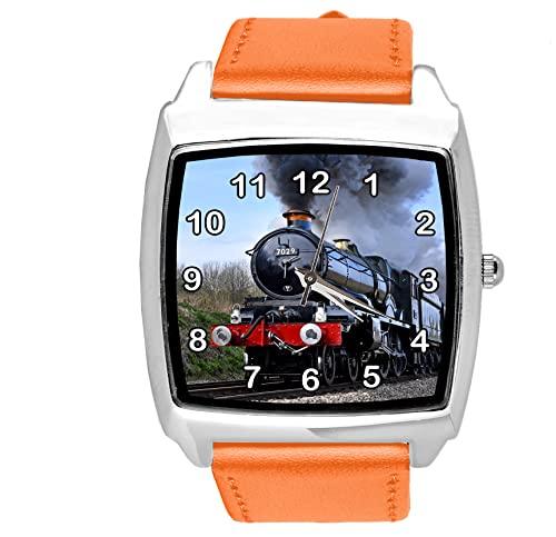 TAPORT Orange Leather Quartz Square Watch for Train Fans
