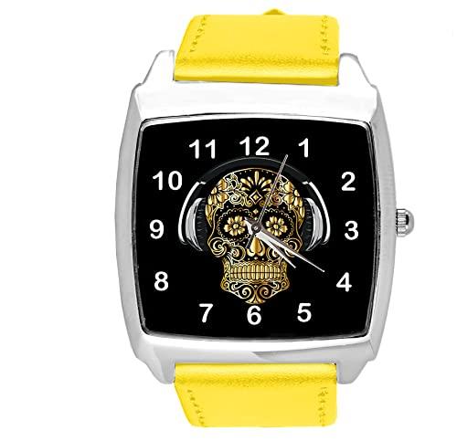 TAPORT Yellow Leather Quartz Square Watch for Skulls Fans