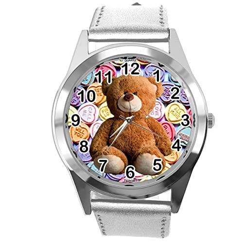 TAPORT Silver Leather Quartz Round Watch for Teddy Bear Fans e2