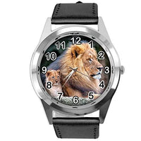 Black Leather Round Watch for Lion Fans