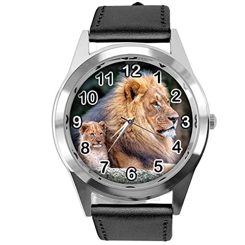Black Leather Round Watch for Lion Fans