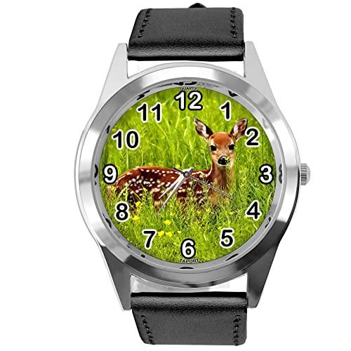 Black Leather Round Watch for Deer Fans