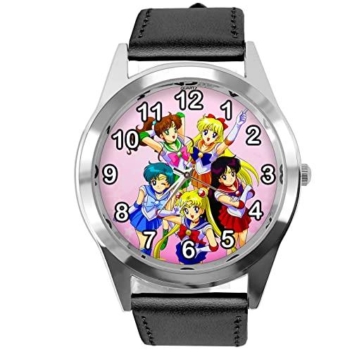Black Leather Round Watch for Manga Fans