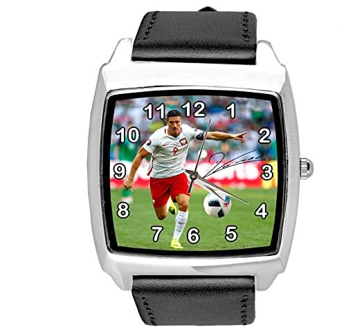 Black Leather Square Quartz Watch for Football Fans