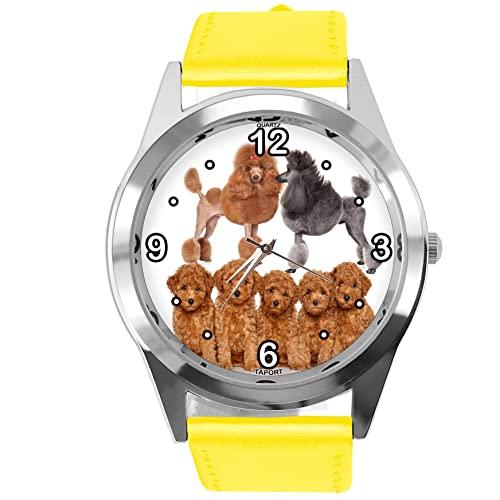 Yellow Leather Round Quartz Watch for Poodle Fans