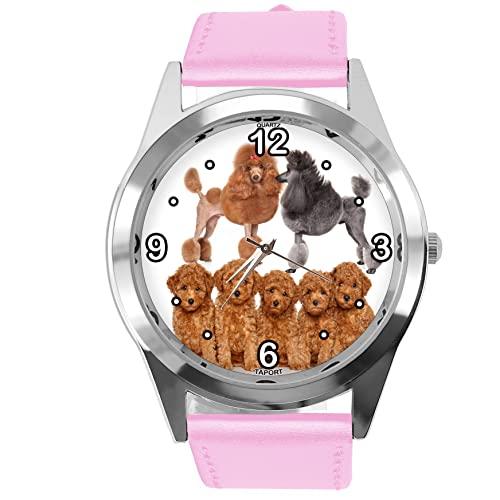 Baby Pink Leather Round Quartz Watch for Poodle Fans