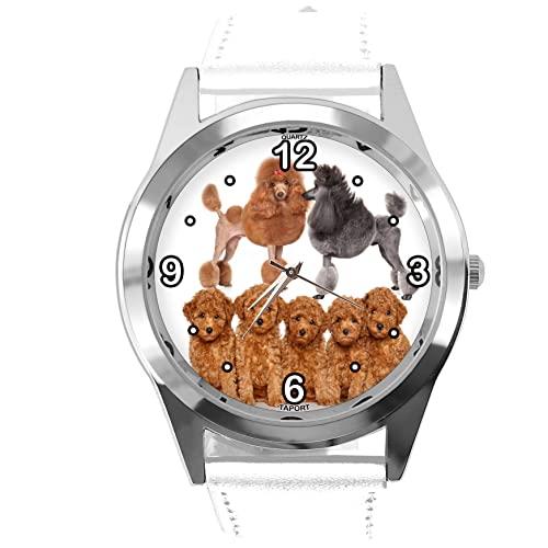 White Leather Round Quartz Watch for Poodle Fans