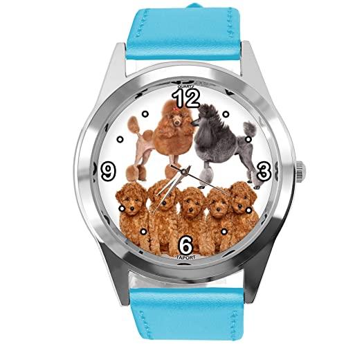 Blue Leather Round Quartz Watch for Poodle Fans