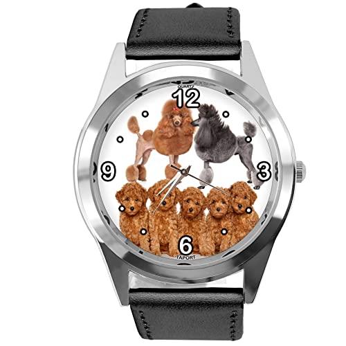 Black Leather Round Quartz Watch for Poodle Fans