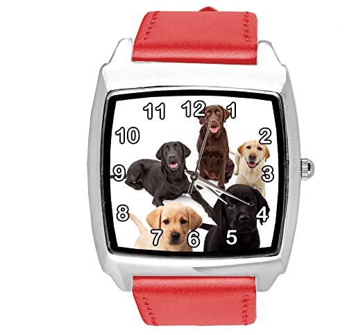 TAPORT Red Leather Square Quartz Watch for Labrador Fans