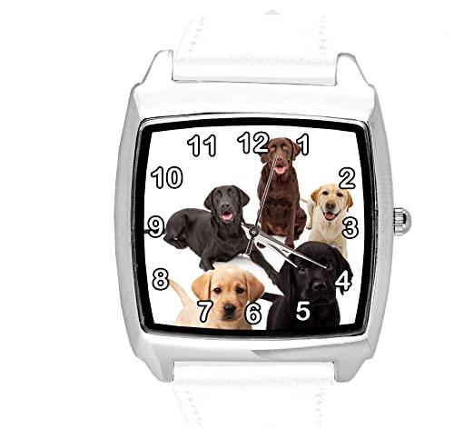 White Leather Square Quartz Watch for Labrador Fans