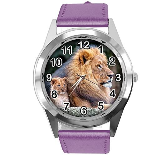 TAPORT Purple Leather Round Watch for Lion Fans