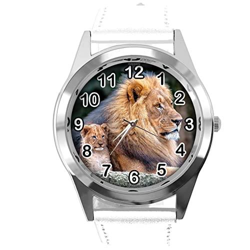 TAPORT White Leather Round Watch for Lion Fans