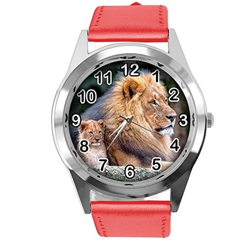 TAPORT Red Leather Round Watch for Lion Fans