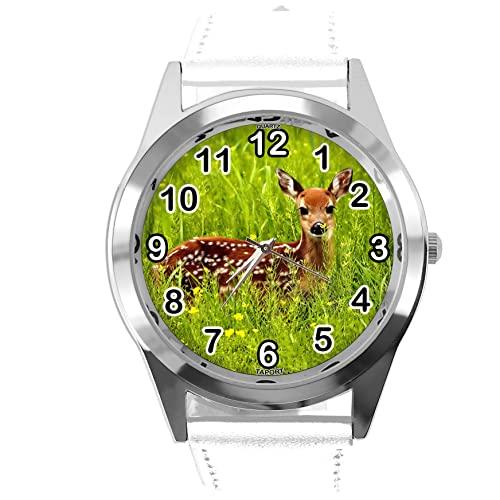TAPORT White Leather Round Watch for Deer Fans