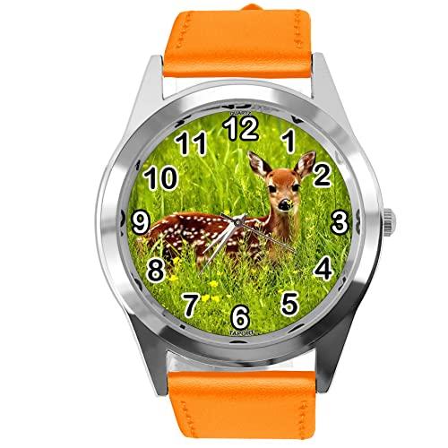 TAPORT Orange Leather Round Watch for Deer Fans