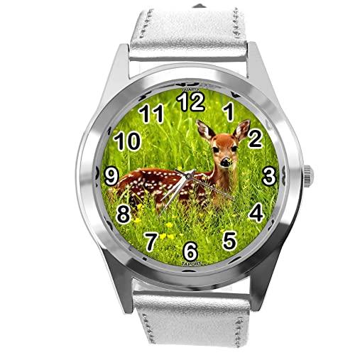 TAPORT Silver Leather Round Watch for Deer Fans