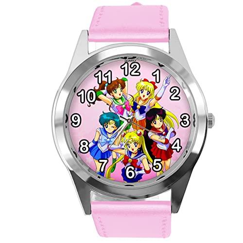 Baby Pink Leather Round Watch for Manga Fans