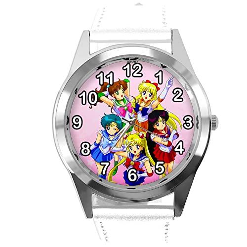 White Leather Round Watch for Manga Fans