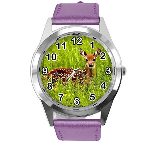 TAPORT Purple Leather Round Watch for Deer Fans