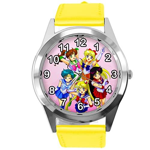 Yellow Leather Round Watch for Manga Fans