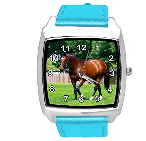 Blue Leather Square Watch for Horse Fans