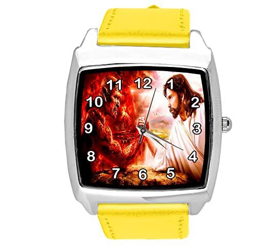 Yellow Leather Square Devil vs Jesus Watch
