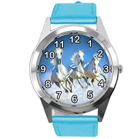 Blue Leather Round Watch for Horse Fans E4