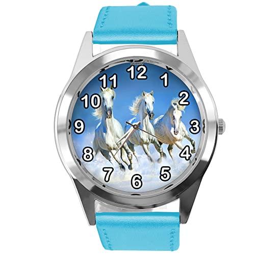 Blue Leather Round Watch for Horse Fans E4