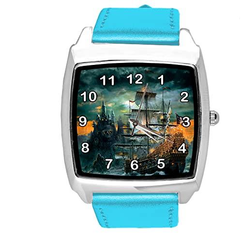 Blue Leather Square Watch for Ship Fans