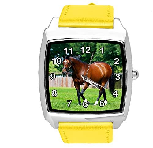 Yellow Leather Square Watch for Horse Fans